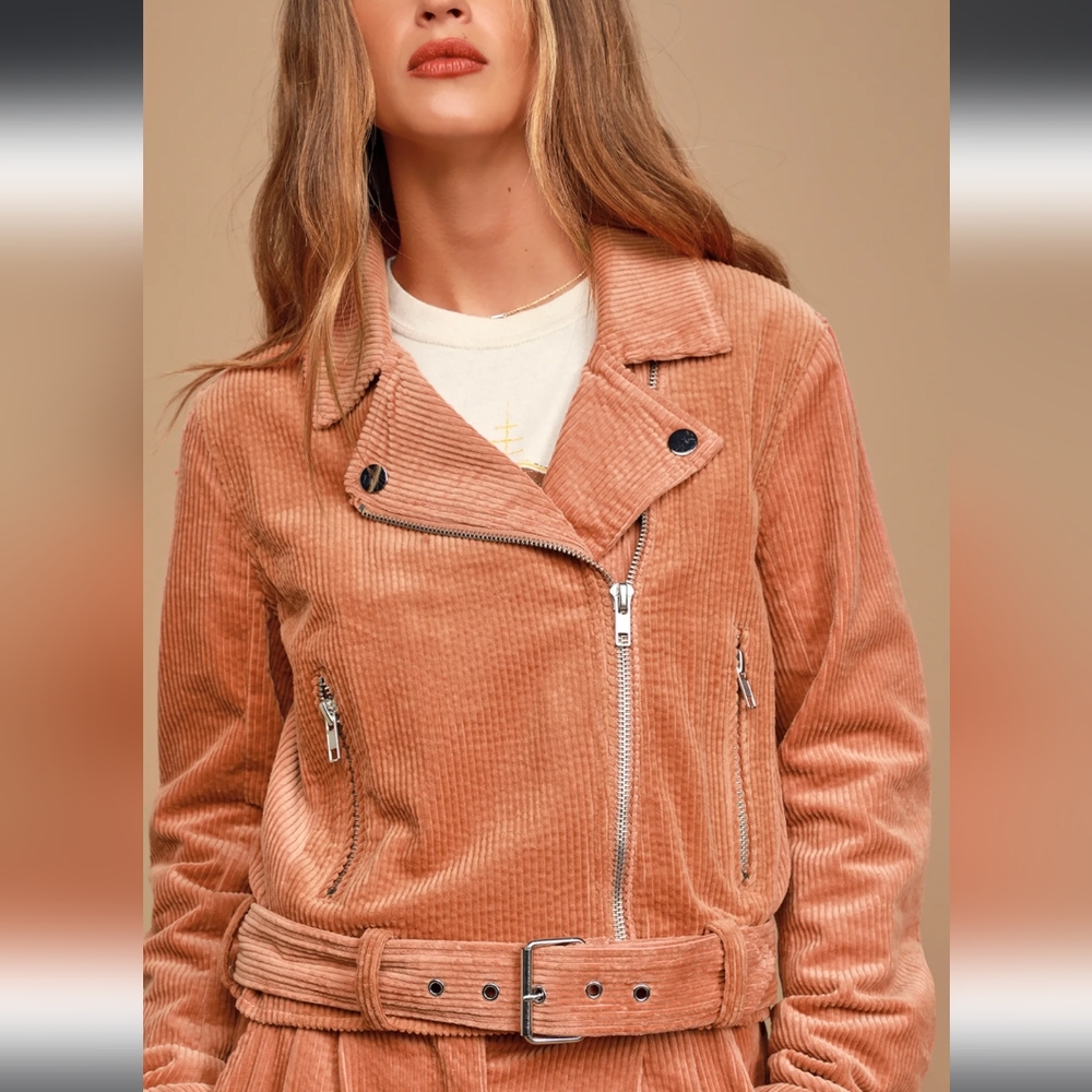 LULUS Meet Me In Midtown Terra Cotta CORDUROY Cropped Moto Jacket Size S
